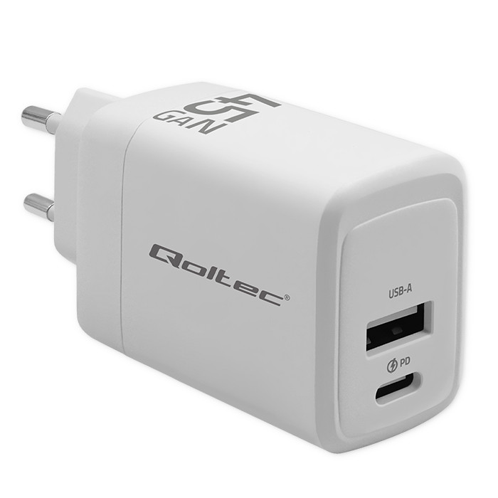 Zidni punjač QOLTEC 51825 GaN 45W (USB-C PD + USB-A QC 3.0) bijela boja-0