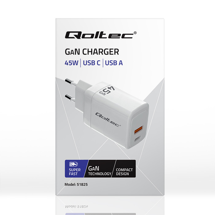 Zidni punjač QOLTEC 51825 GaN 45W (USB-C PD + USB-A QC 3.0) bijela boja-7