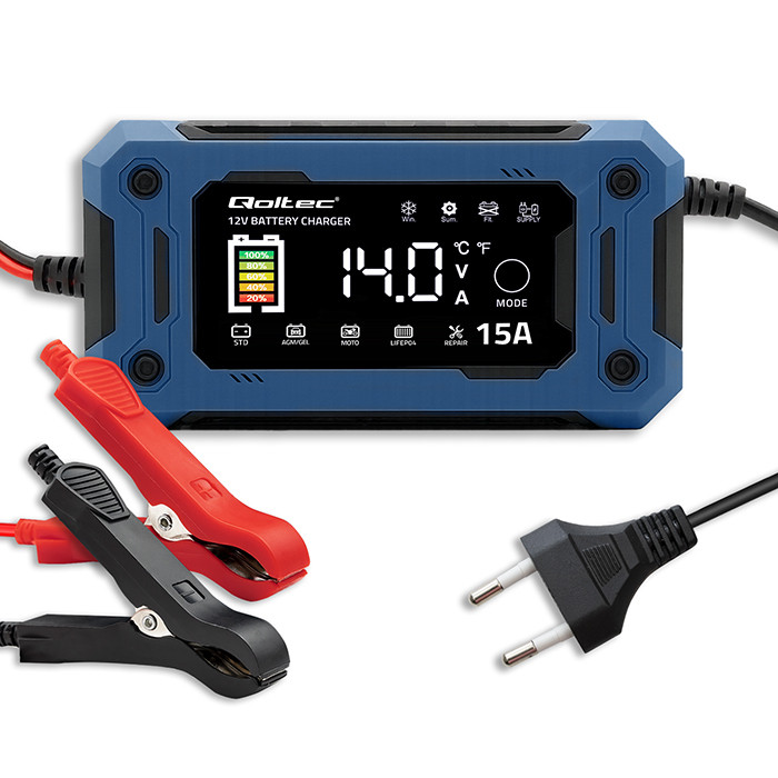 Qoltec 52496 Charger 12V 15A | Rectifier with repair function and maintaining power supply during battery replacement | for AGM GEL LiFePO4 | LCD-4