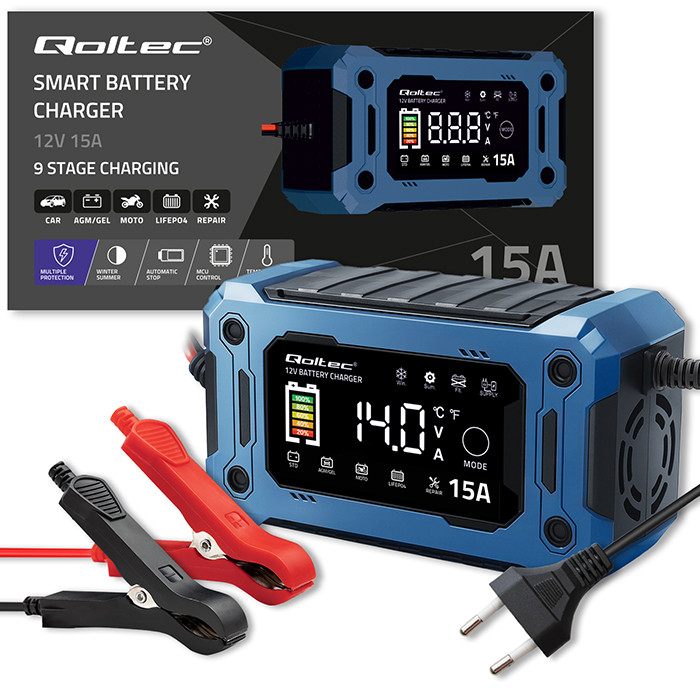Qoltec 52496 Charger 12V 15A | Rectifier with repair function and maintaining power supply during battery replacement | for AGM GEL LiFePO4 | LCD-7