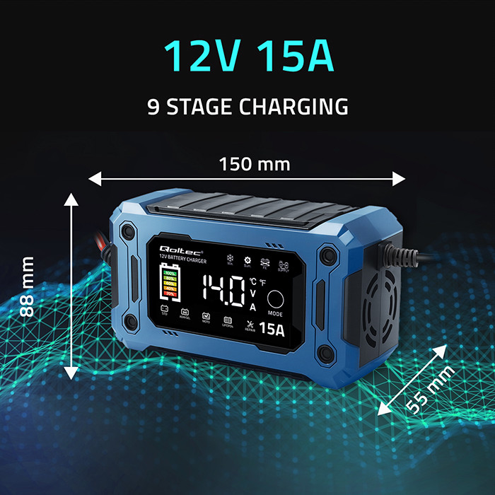 Qoltec 52496 Charger 12V 15A | Rectifier with repair function and maintaining power supply during battery replacement | for AGM GEL LiFePO4 | LCD-5