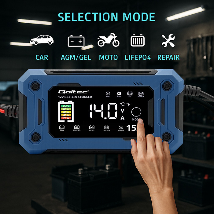 Qoltec 52496 Charger 12V 15A | Rectifier with repair function and maintaining power supply during battery replacement | for AGM GEL LiFePO4 | LCD-1