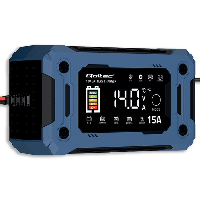 Qoltec 52496 Charger 12V 15A | Rectifier with repair function and maintaining power supply during battery replacement | for AGM GEL LiFePO4 | LCD-6