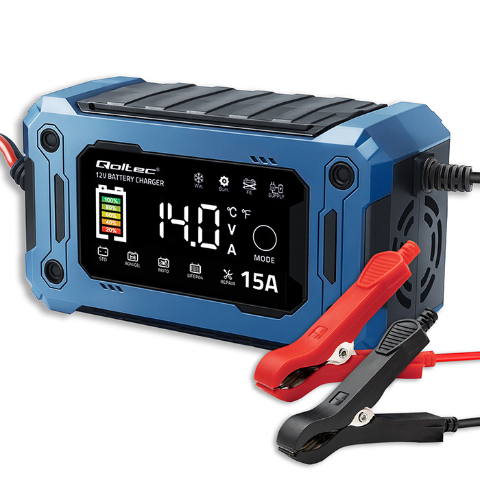Qoltec 52496 Charger 12V 15A | Rectifier with repair function and maintaining power supply during battery replacement | for AGM GEL LiFePO4 | LCD-0