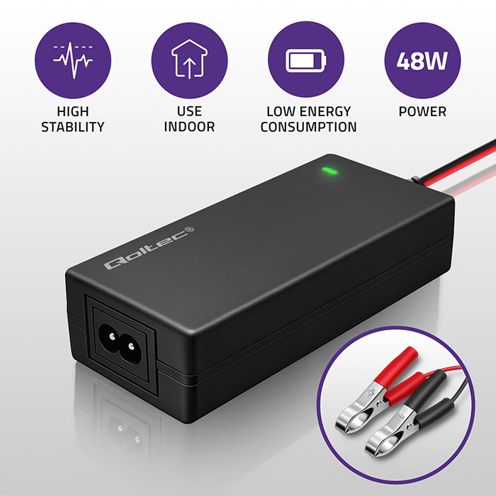 Qoltec 52665 Automatic charger for AGM GEL STD batteries | 24V charger | 2A | 48W | LED | 1.8m cable-1
