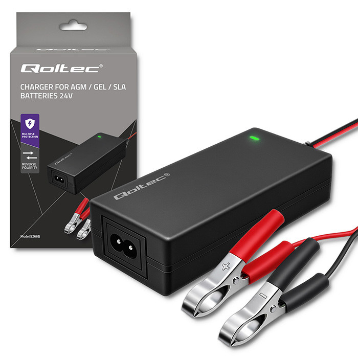 Qoltec 52665 Automatic charger for AGM GEL STD batteries | 24V charger | 2A | 48W | LED | 1.8m cable-0