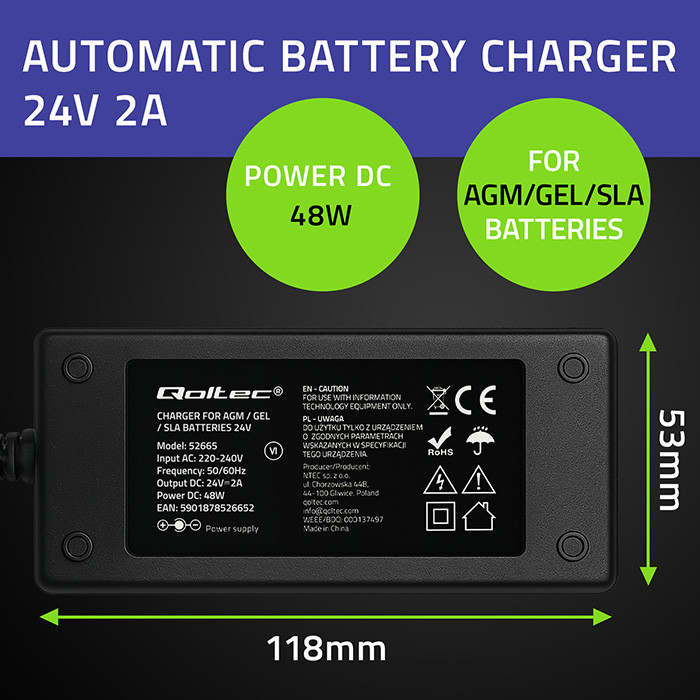 Qoltec 52665 Automatic charger for AGM GEL STD batteries | 24V charger | 2A | 48W | LED | 1.8m cable-3