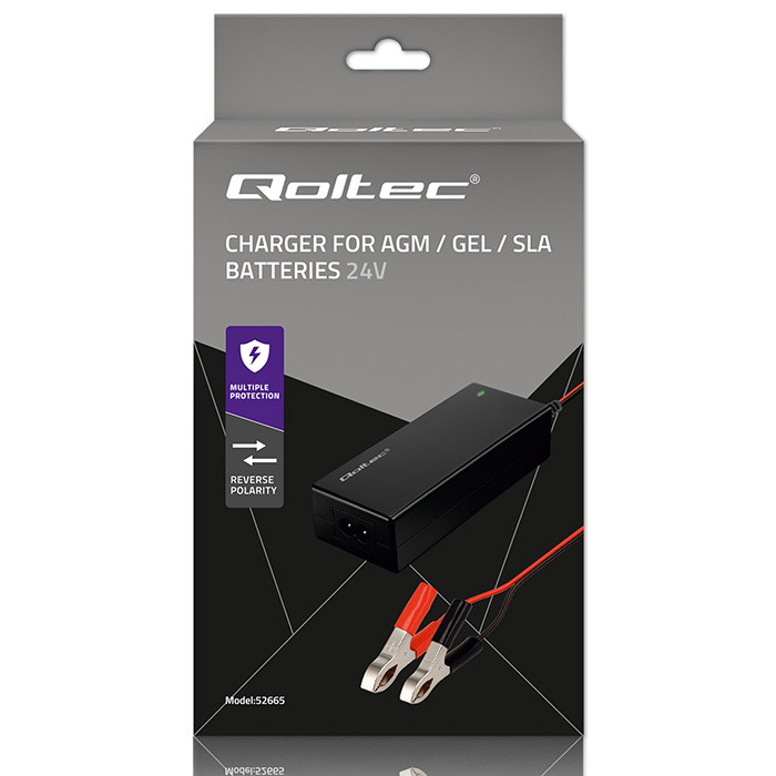 Qoltec 52665 Automatic charger for AGM GEL STD batteries | 24V charger | 2A | 48W | LED | 1.8m cable-7