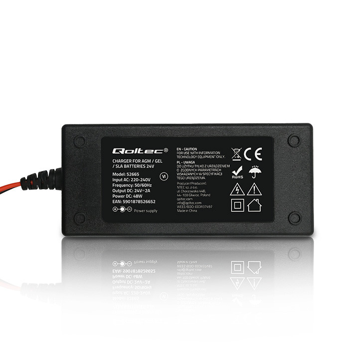 Qoltec 52665 Automatic charger for AGM GEL STD batteries | 24V charger | 2A | 48W | LED | 1.8m cable-4