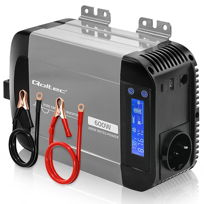 Qoltec Przetwornica napięcia Pure Sine Wave | 12V na 230V | 300/600W | LCD | USB | USB-C | Kompatybilna z LiFePO4 GEL AGM