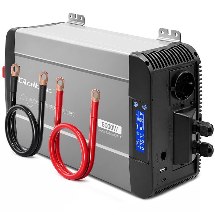 Qoltec Przetwornica napięcia Pure Sine Wave | 12V na 230V | 3000/6000W | UPS BYPASS | LCD | USB | USB-C | Kompatybilna z LiFePO4 GEL AGM