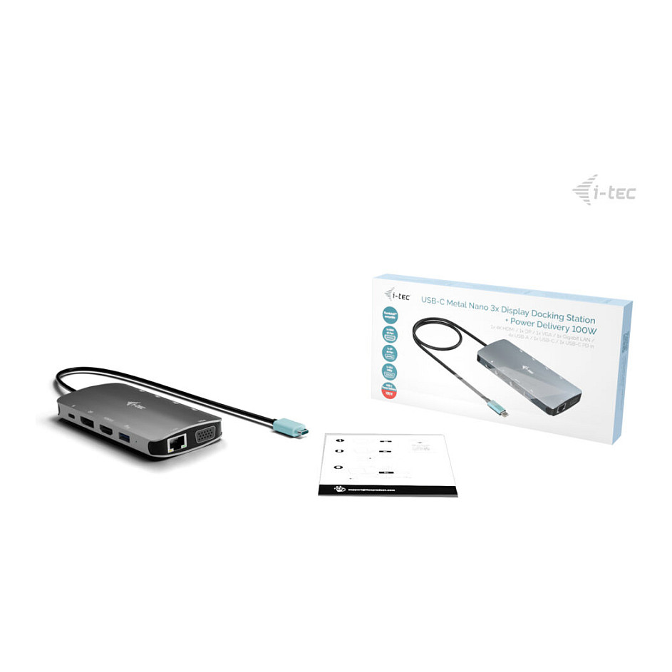 D I-TEC USB-C Metal Nano 3x Display Docking Station 1x DP 1x HDMI 1x VGA 1x GLAN 1x USB-C Gen1 4x USB-A Gen1 Power Delivery 100W-3
