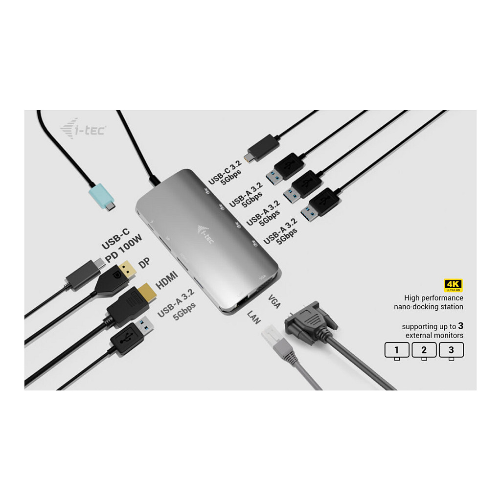 D I-TEC USB-C Metal Nano 3x Display Docking Station 1x DP 1x HDMI 1x VGA 1x GLAN 1x USB-C Gen1 4x USB-A Gen1 Power Delivery 100W-6