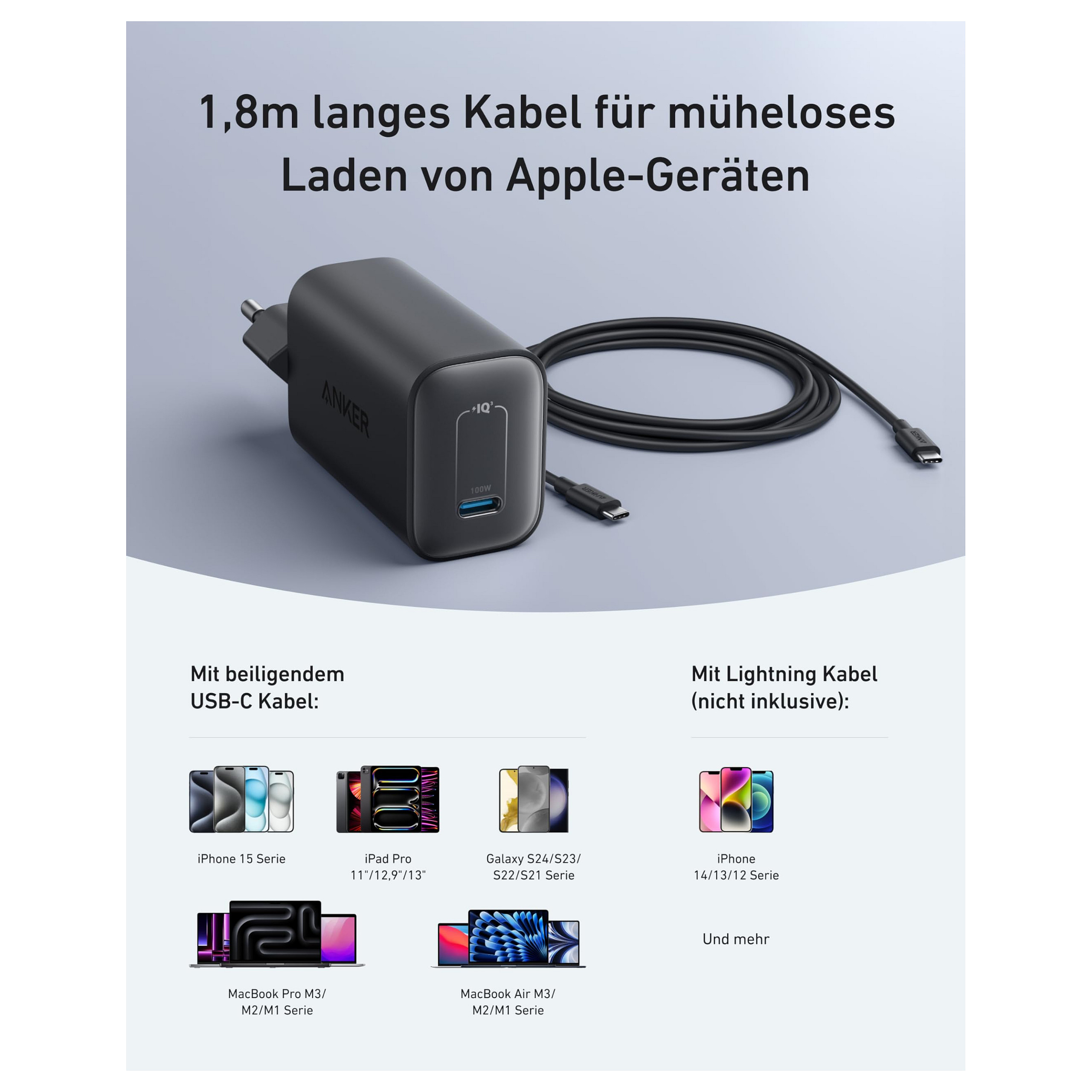 Zidni punjač ANKER 736 Nano II 100W (2x USB-C, 1x USB-A) s kabelom, crna boja-1