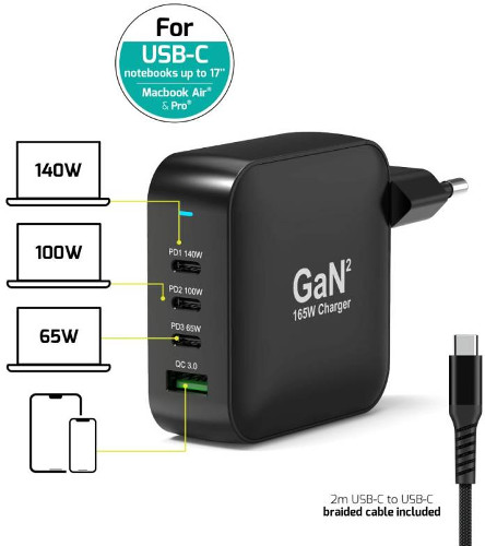 Zidni punjač PORT DESIGNS Connect PRO 165W GaN2 (3x USB-C PD, USB-A QC, USB-C kabel 2 m)-0