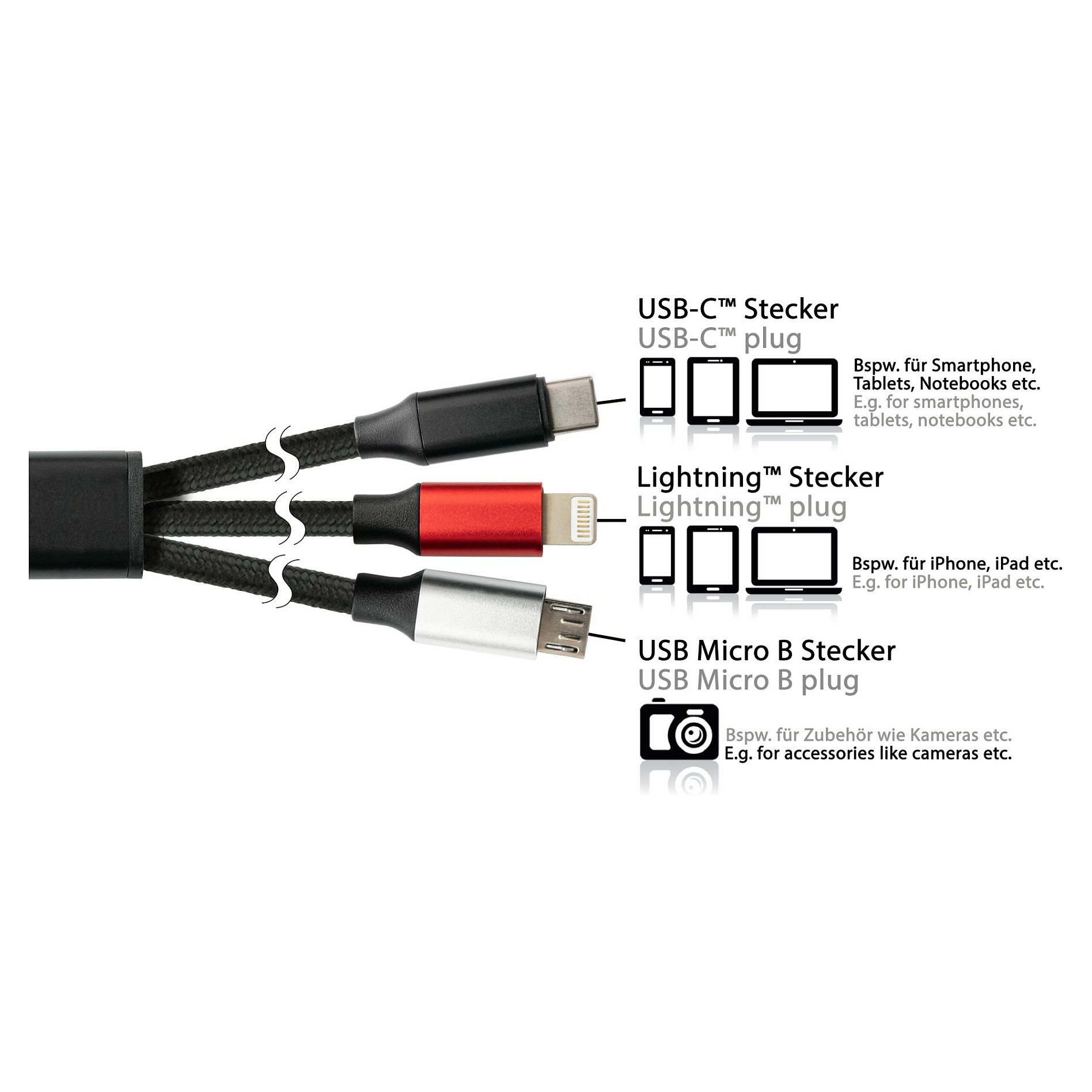 Kabel za punjenje PYTHON 3-u-1 USB-A/C na Lightning/Micro-USB/USB-C (1 m, crna boja)-4
