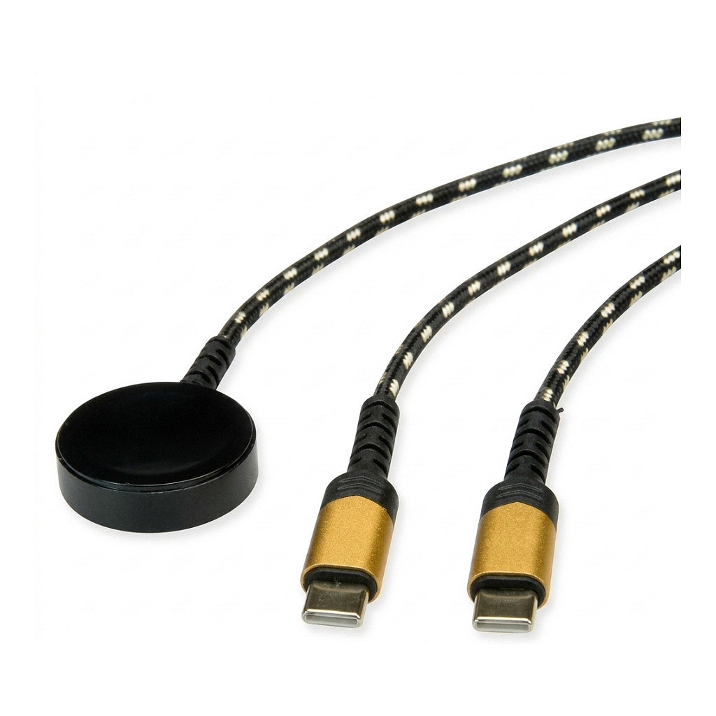 ROLINE USB Split-Ladekabel, bis 60W + Ladepad (bis 15W), fr Apple-Gerte, Typ C - C, schwarz / gold, 1,2 m-0