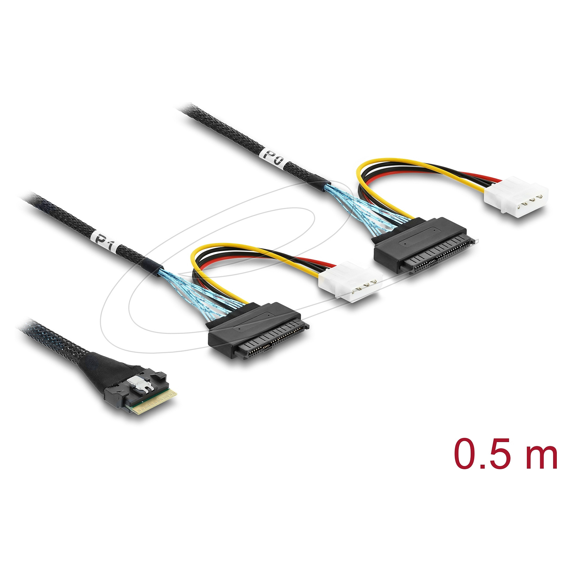 Delock PCIe 4.0 Kabel Slim SAS SFF-8654 8i zu 2 x U.2 SFF-8639 Buchse + Stromanschluss 0,5 m