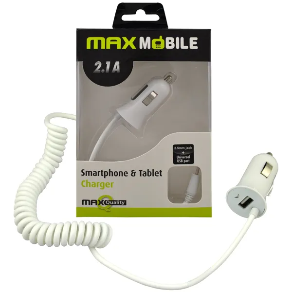 MAXMOBILE AUTO PUNJAČ ZA TABLET/MOBITEL USB + 2.5mm 2.1A bijeli