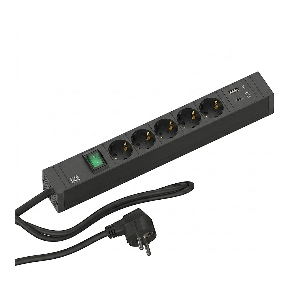 Produžni kabel BACHMANN CONNECT LINE (5 utičnica, prekidač, USB-A/C 22W, 2m), crna boja
