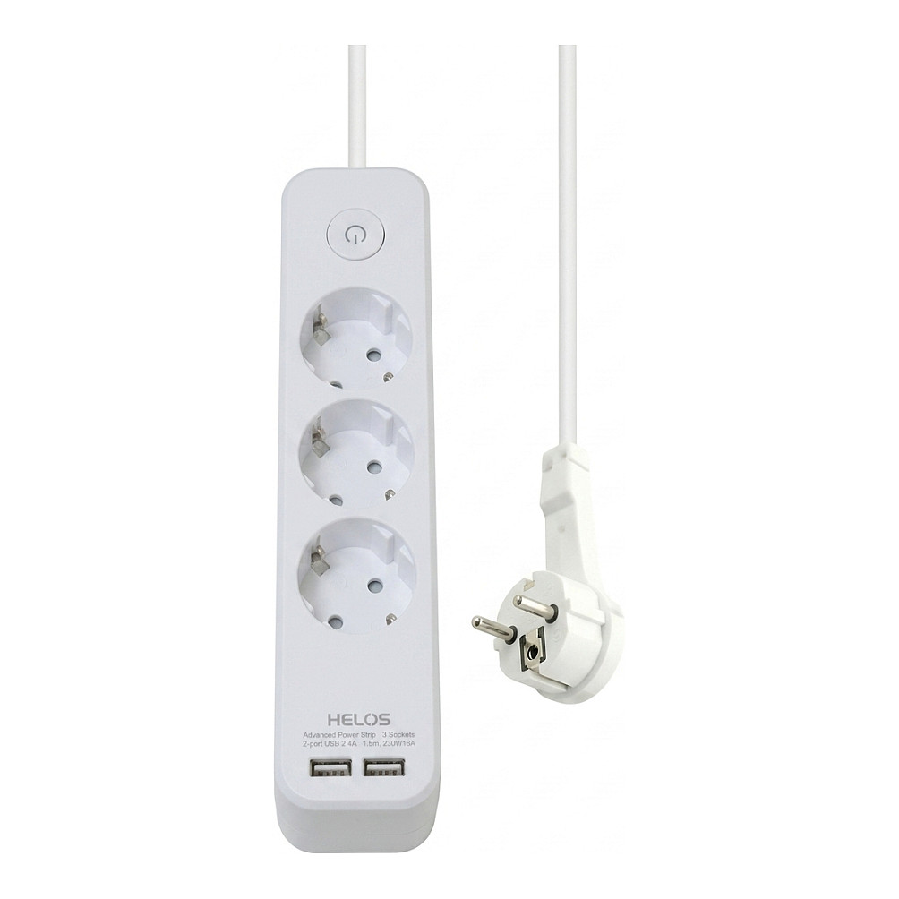 Produžni kabel HELOS ADVANCED s 3 utičnice i 2x USB-A (1.5m, bijela boja)-0