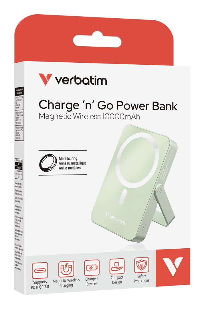 Verbatim Charge 'n' Go Magnetic Wireless Power Bank with stand - 10000 mAh Green-2