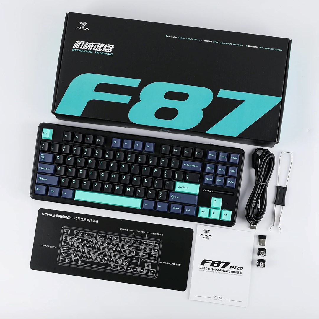 AULA Gasket F87 Pro Keyboard Black Cyan Blue GrayWoodV4 RGB-7