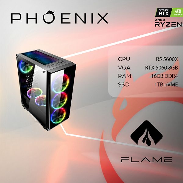 Stolno računalo PHOENIX FLAME X-543 (AMD Ryzen 5 5600X, 16 GB RAM, 1 TB SSD, RTX 5060 8 GB, Free DOS)
