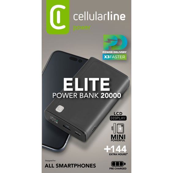 Prijenosna baterija CELLULARLINE Elite PBDISPL01PD20000K (20000 mAh, 20W, PD, LCD zaslon, crna boja)-6