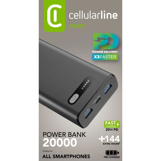 Prijenosna baterija CELLULARLINE Fast Turbo PD 20000 (20000 mAh, 20W, crna boja)-3