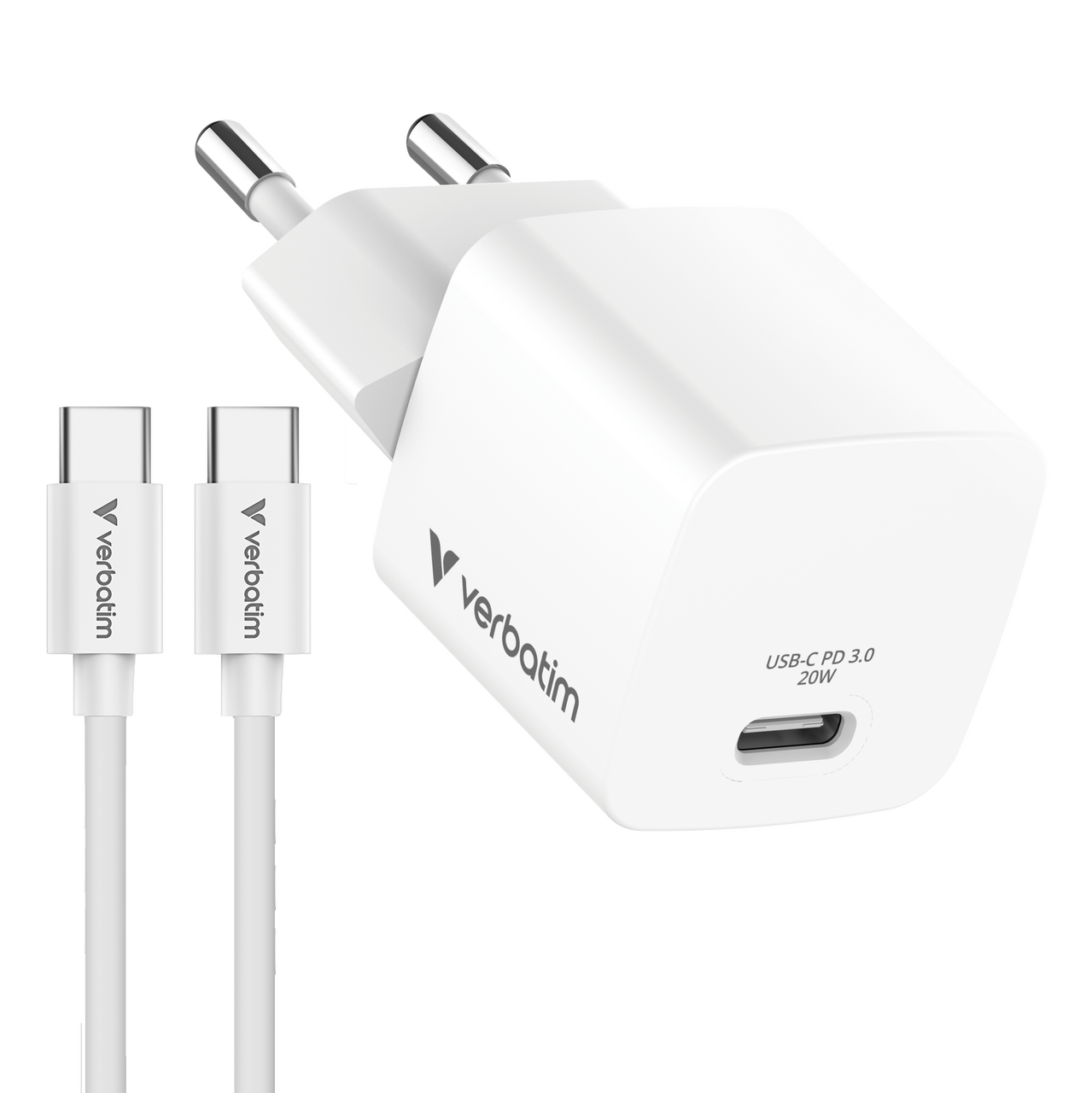 Verbatim Mini GaN punjač 20W PD3.0  s kabelom USB-C / USB-C, M/M, 1.0m , bijeli-0
