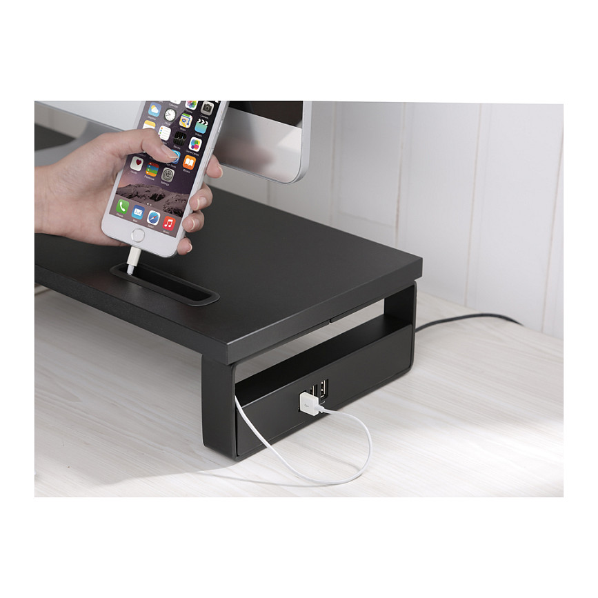 Stalak za monitor EQUIP s 3x USB 2.0 hubom i držačem za mobitel, crna boja-5