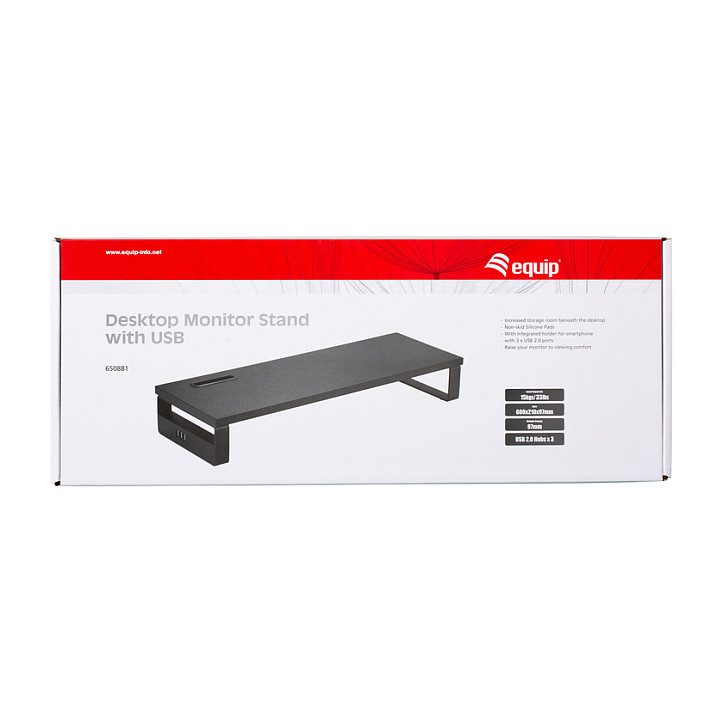 Stalak za monitor EQUIP s 3x USB 2.0 hubom i držačem za mobitel, crna boja-6