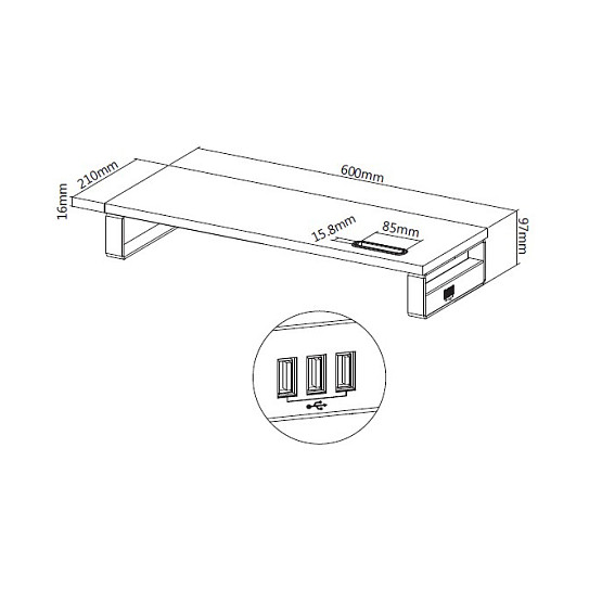 Stalak za monitor EQUIP s 3x USB 2.0 hubom i držačem za mobitel, crna boja-7