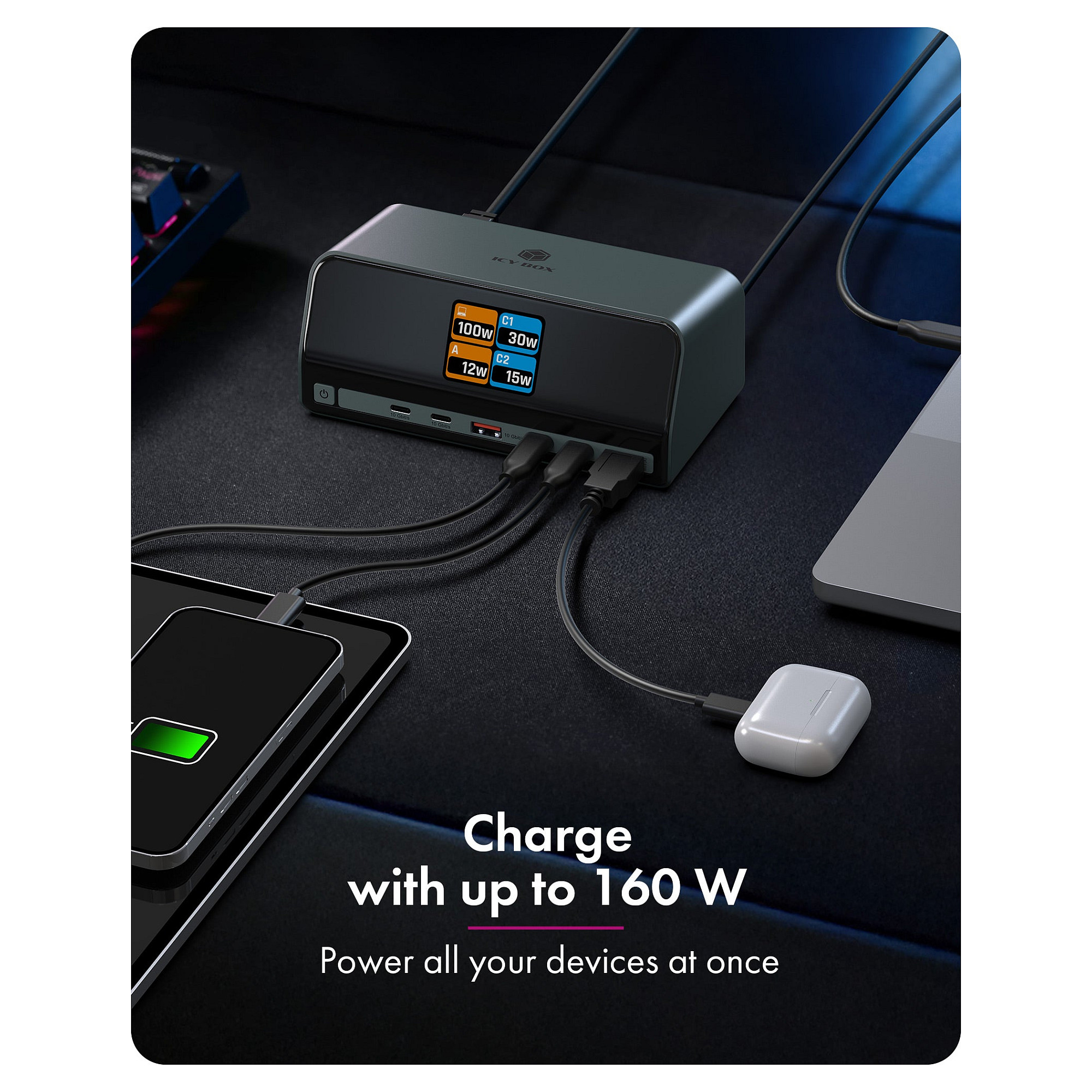 11-in-1 DockingStation mit Power Delivery Lade-Ports und groÃŸem LCD-Display, mit 160 W GaN Lade-Adapter-5