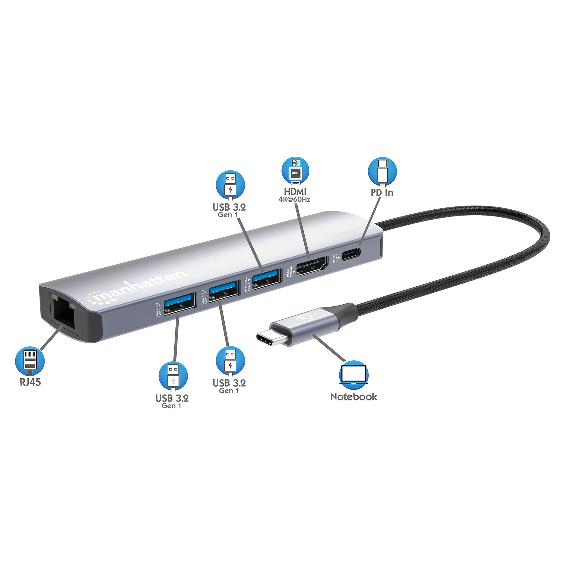 USB-C Dock MANHATTAN 6-u-1 4K HDMI, 153959-7