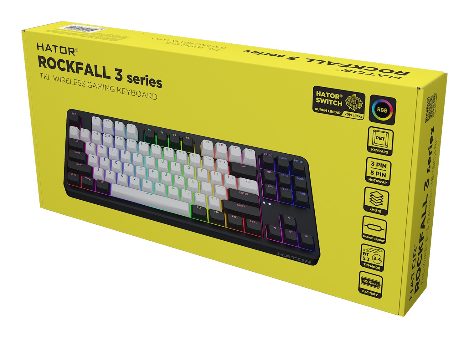 HATOR Rockfall 3 TKL Wireless, black, QMK/VIA, OMA profile white-black keycaps Keyboard - linear mechanical hotswap switches - US - ANSI Layout (HTK850)-12
