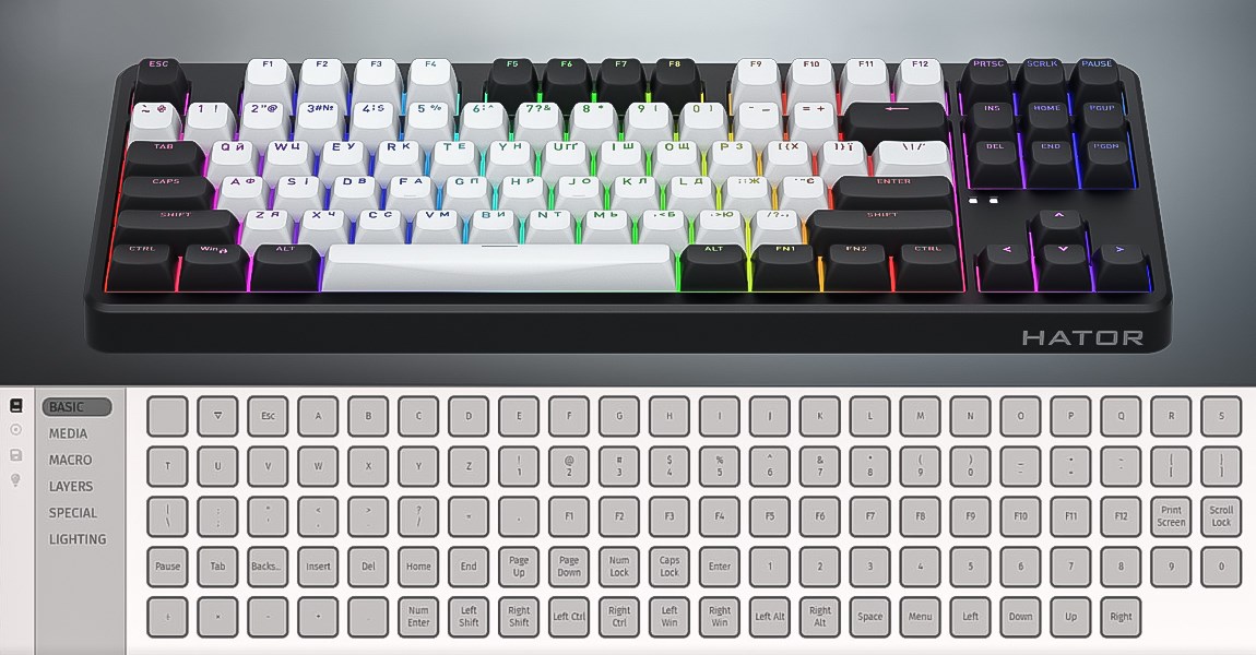 HATOR Rockfall 3 TKL Wireless, black, QMK/VIA, OMA profile white-black keycaps Keyboard - linear mechanical hotswap switches - US - ANSI Layout (HTK850)-16