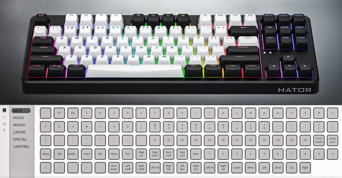 HATOR Rockfall 3 TKL Wireless, white, QMK/VIA, OMA profile white-black keycaps Keyboard - linear mechanical hotswap switches - US - ANSI Layout-15