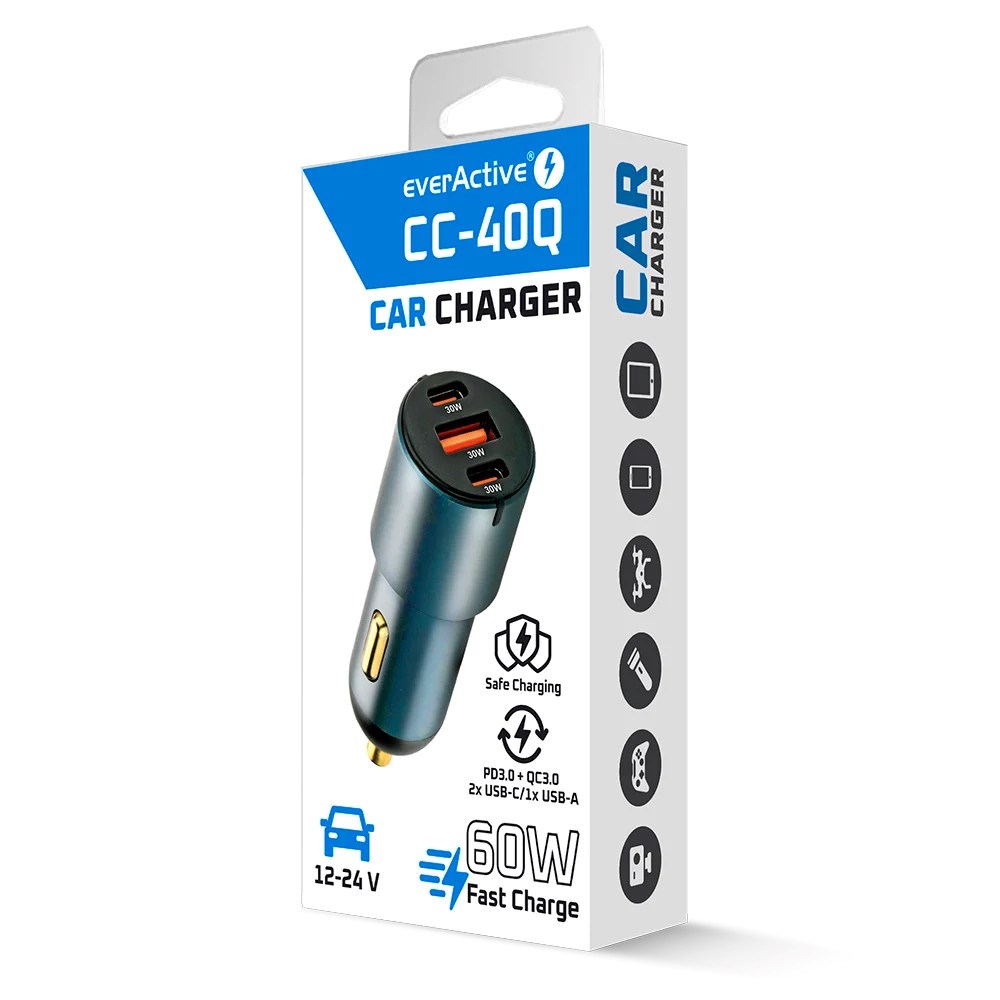Auto punjač EVERACTIVE CC-40Q 40W (2x USB-C PD, 1x USB-A QC 3.0)-6