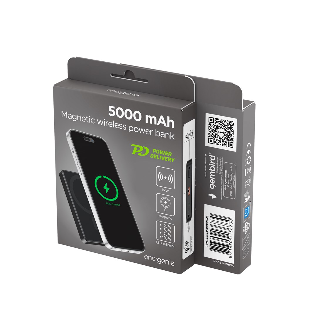 Magnetska prijenosna baterija GEMBIRD PB05-WPC15M-01 5000 mAh, 15W, crna boja-6