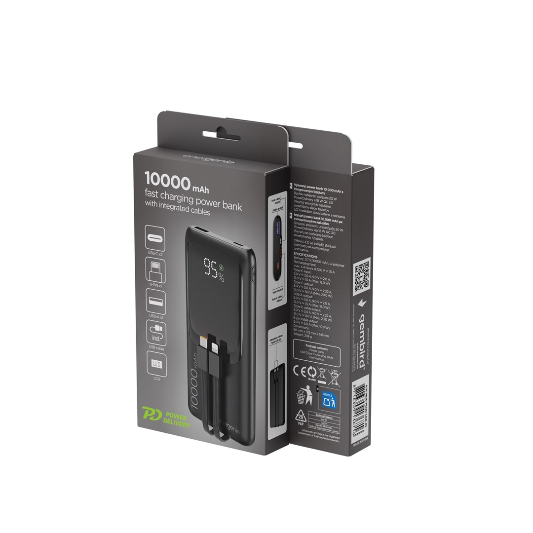 Prijenosna baterija GEMBIRD PB10-PD20-LCD-01 10000 mAh 20W (integrirani kabeli, LCD), crna boja-5