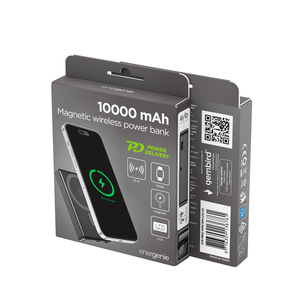 Prijenosna baterija GEMBIRD PB10-MAG-01 10000 mAh (15W, magnetska, LCD)-2