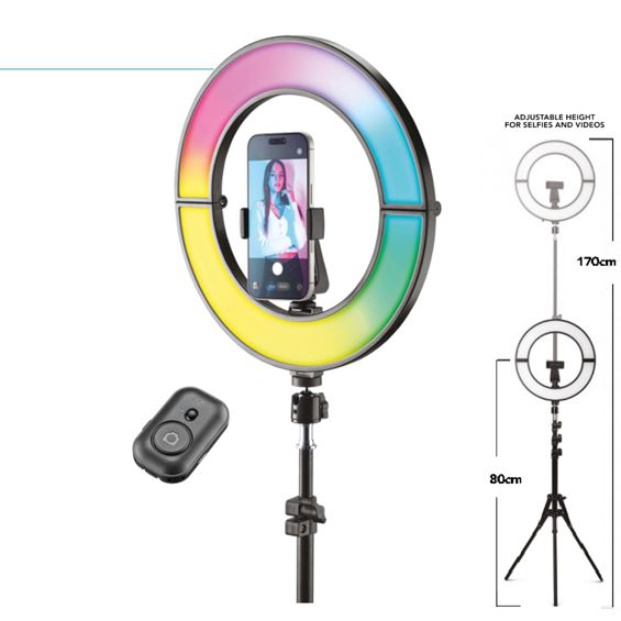 Selfie ring CELLULARLINE Foldy (12" RGB LED, stativ 170 cm, Bluetooth, crna boja)-1