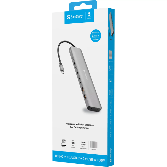 Docking stanica SANDBERG 10-u-1 USB-C (8x USB-C, 2x USB-A, 100W)-3