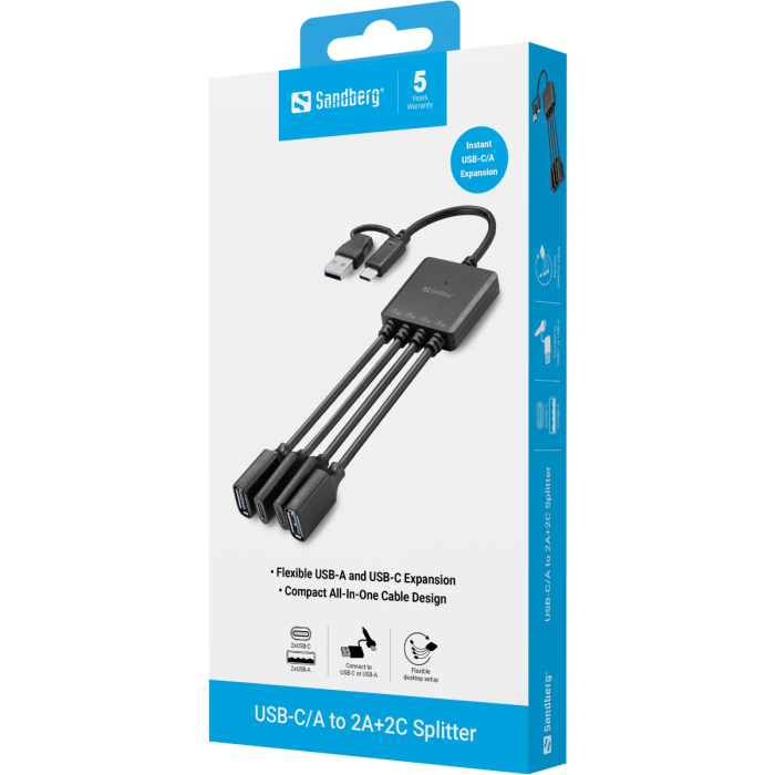 USB Hub SANDBERG USB-C/A na 4 porta (2x USB-A, 2x USB-C), USB 3.0-2