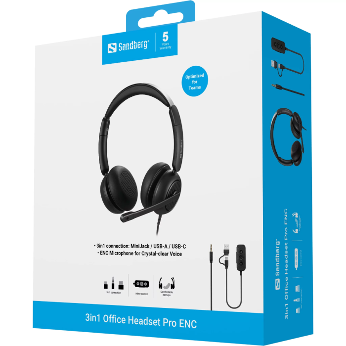 Slušalice SANDBERG 3in1 Office Headset Pro ENC (žične, mikrofon, 3.5mm, USB-A, USB-C)-5