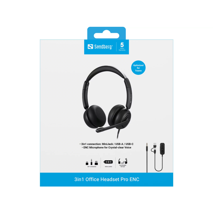 Slušalice SANDBERG 3in1 Office Headset Pro ENC (žične, mikrofon, 3.5mm, USB-A, USB-C)-4