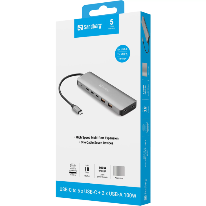 Docking stanica SANDBERG 7-u-1 USB-C Hub 100W (5x USB-C, 2x USB-A)-3