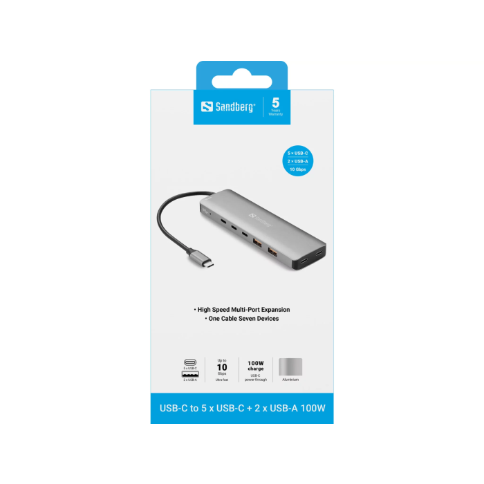 Docking stanica SANDBERG 7-u-1 USB-C Hub 100W (5x USB-C, 2x USB-A)-4